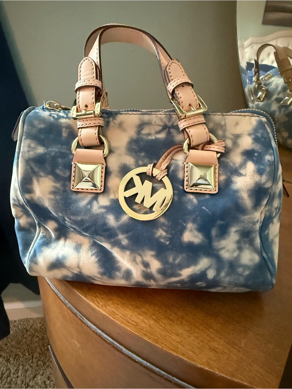 Michael Kors Blue Tie-Dye Satchel with light tan Trim